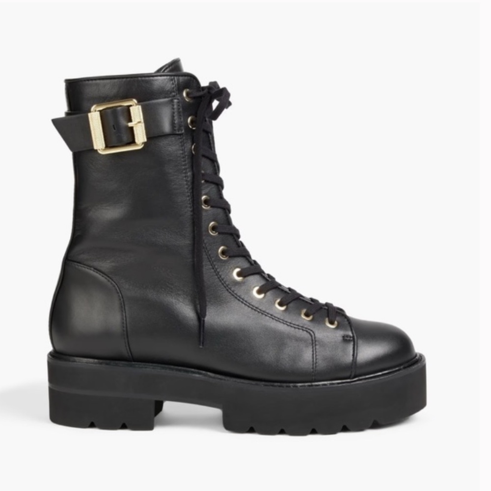 STUART WEITZMAN RYDER ULTRALIFT Black Leather Combat Lace-Up Boots Size 8